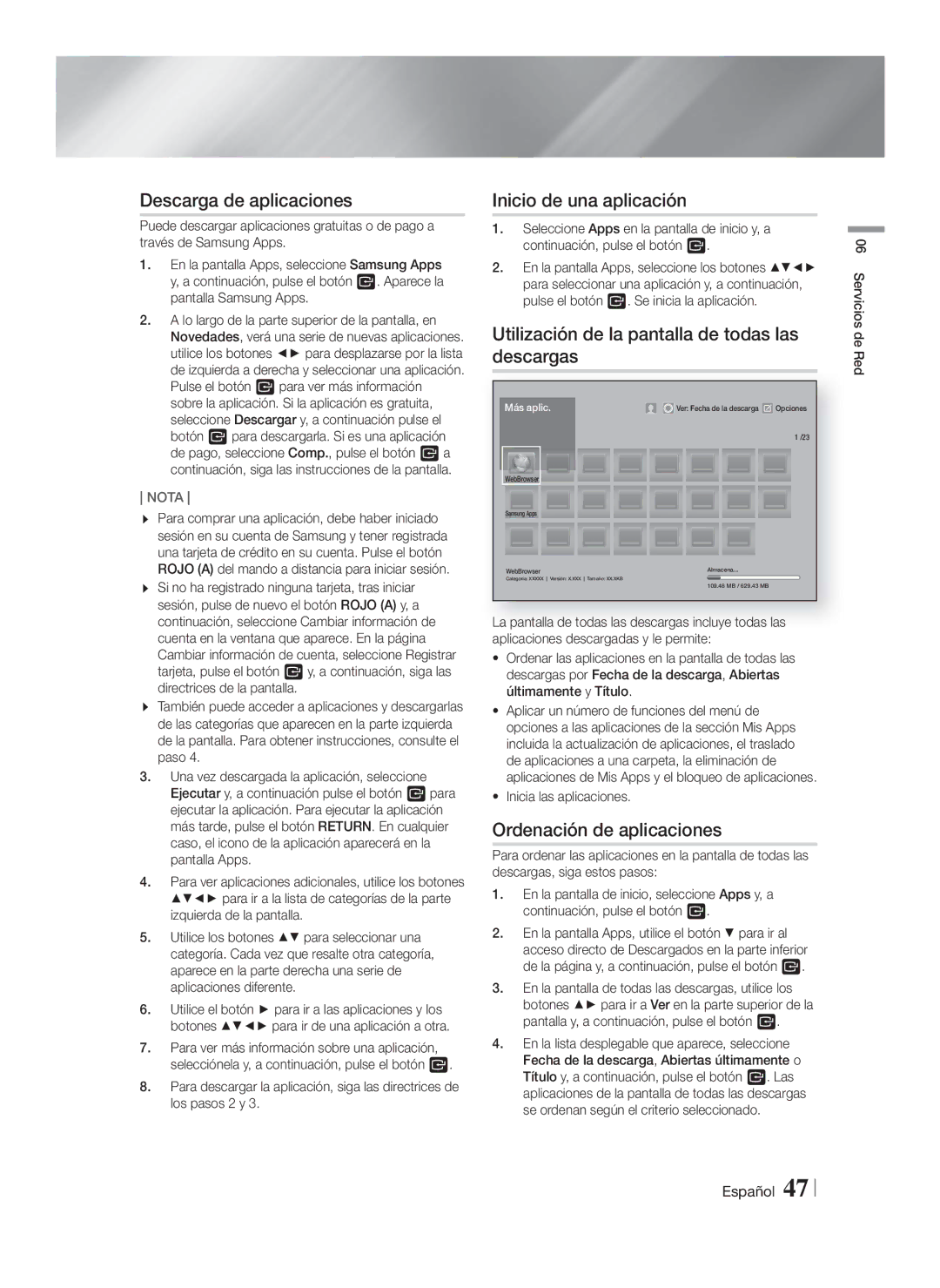 Samsung HT-F9750W/ZF Descarga de aplicaciones, Inicio de una aplicación, Utilización de la pantalla de todas las descargas 