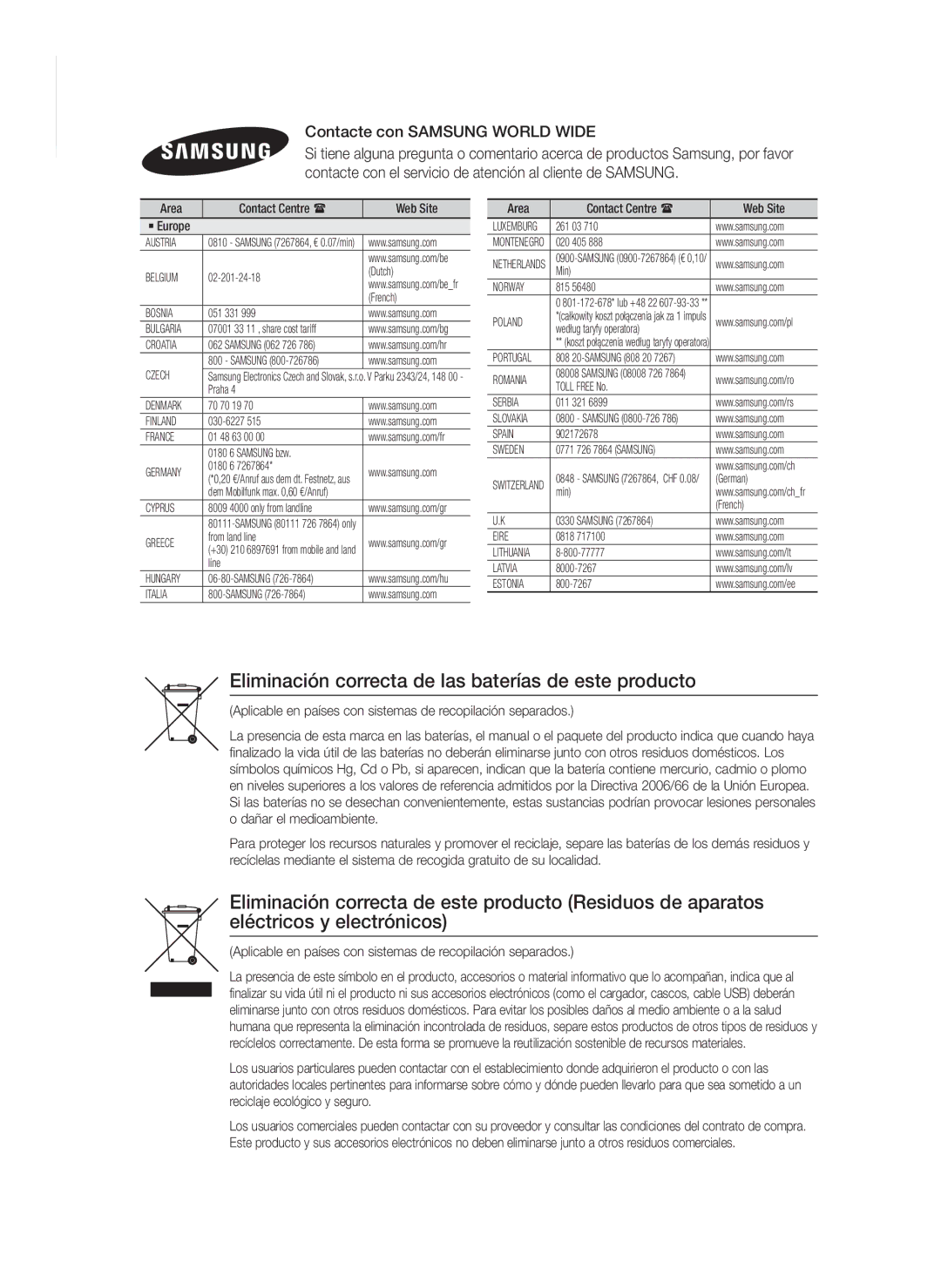 Samsung HT-F9750W/ZF manual Eliminación correcta de las baterías de este producto, Contacte con Samsung World Wide 