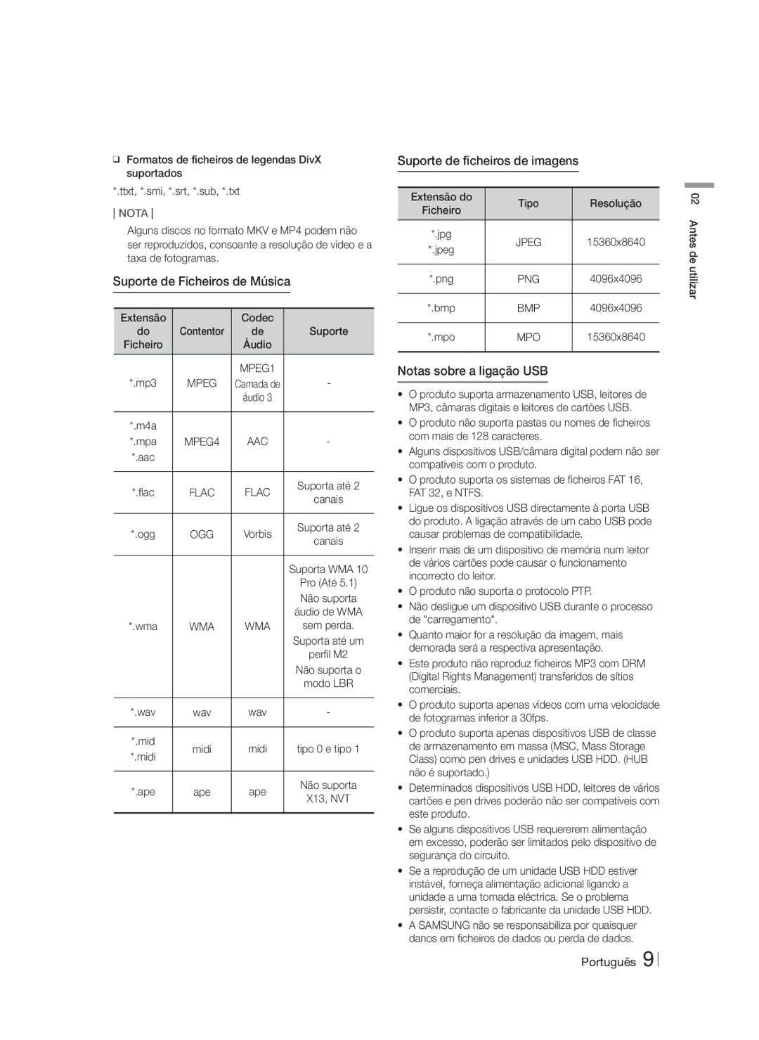 Samsung HT-F9750W/ZF manual Suporte de Ficheiros de Música, Suporte de ficheiros de imagens, Notas sobre a ligação USB 