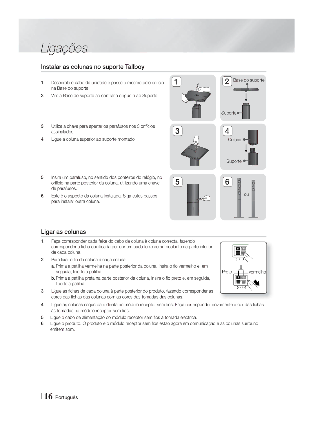 Samsung HT-F9750W/ZF manual Instalar as colunas no suporte Tallboy, Ligar as colunas 