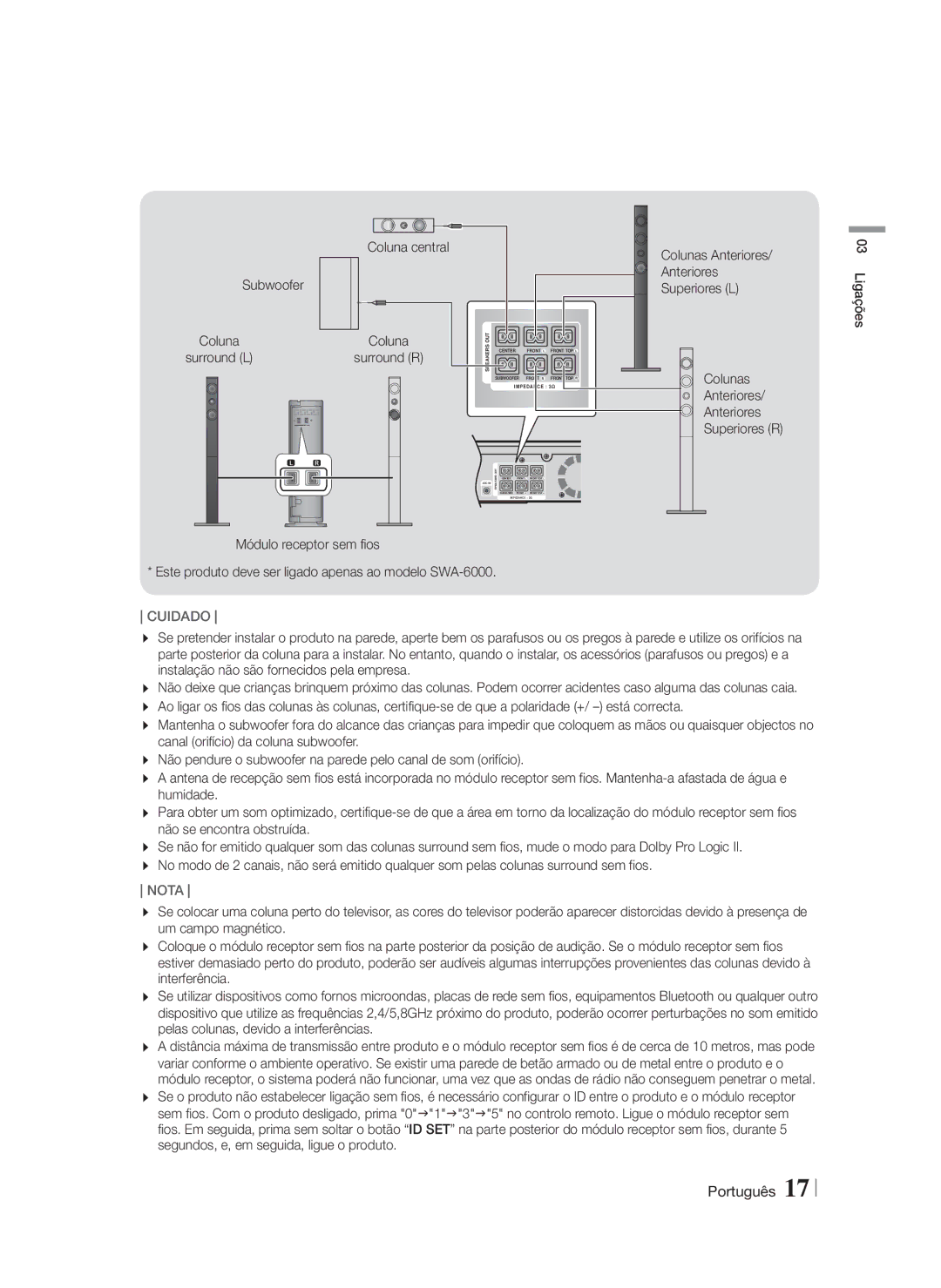 Samsung HT-F9750W/ZF manual Subwoofer Coluna Surround L Coluna central, Anteriores Superiores R 