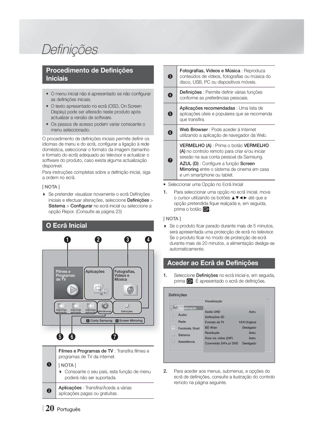 Samsung HT-F9750W/ZF manual Procedimento de Definições Iniciais, Ecrã Inicial, Aceder ao Ecrã de Definições 