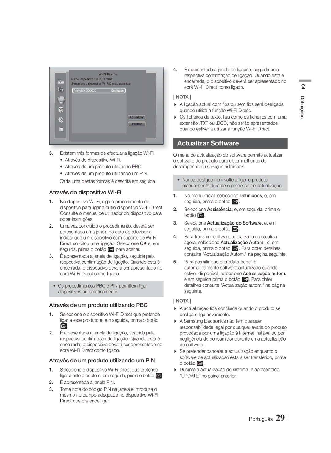 Samsung HT-F9750W/ZF manual Actualizar Software, Através do dispositivo Wi-Fi, Através de um produto utilizando PBC 