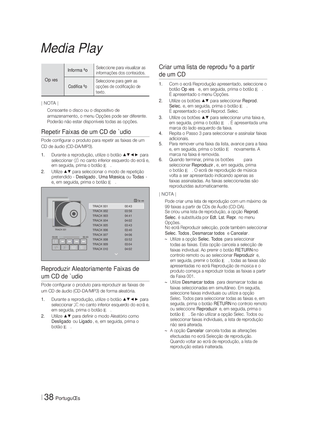 Samsung HT-F9750W/ZF manual Repetir Faixas de um CD de Áudio, Reproduzir Aleatoriamente Faixas de um CD de Áudio 