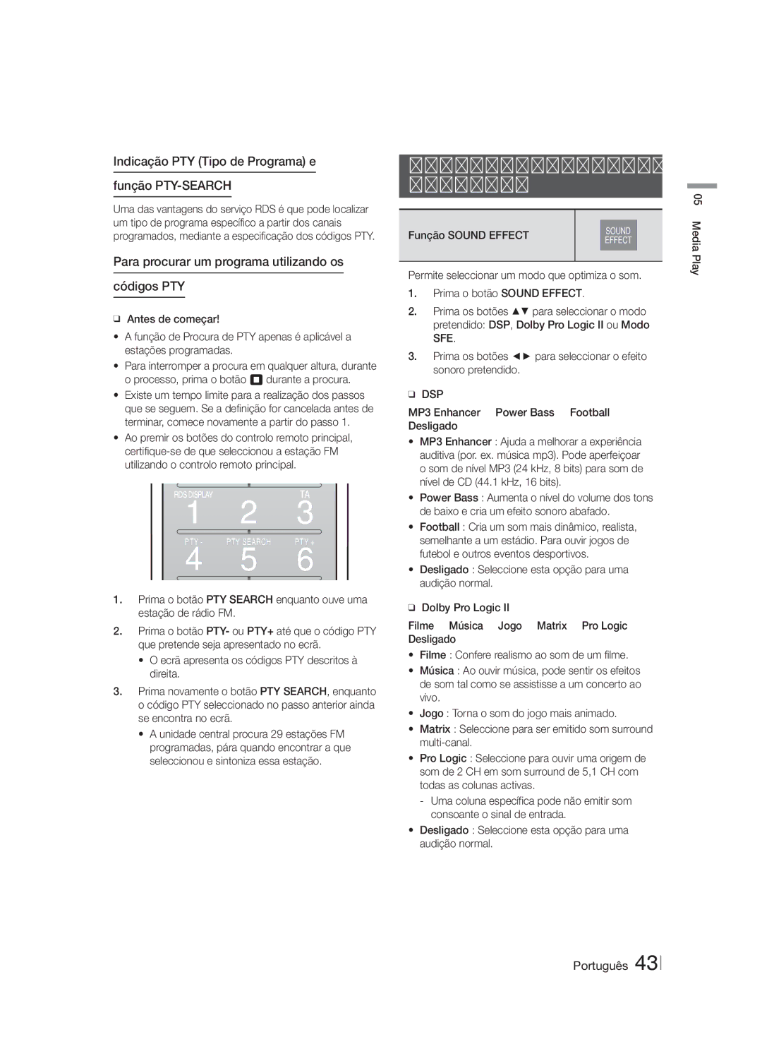 Samsung HT-F9750W/ZF Utilizar Efeitos Especiais com o Controlo Remoto, Indicação PTY Tipo de Programa e Função PTY-SEARCH 