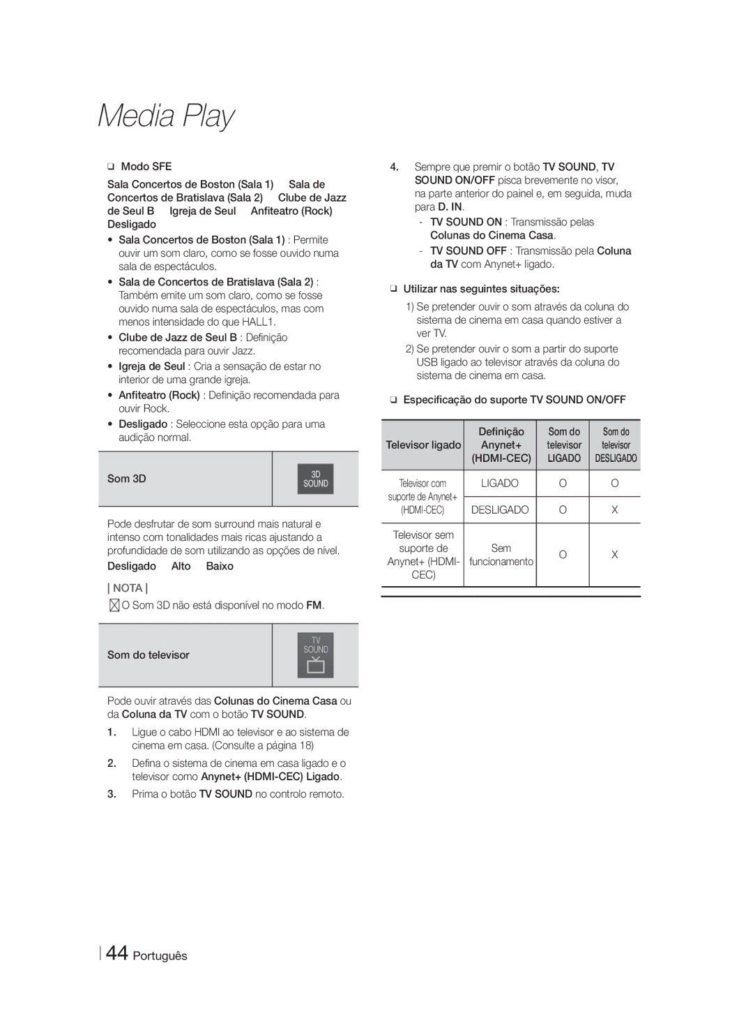 Samsung HT-F9750W/ZF manual Som 3D não está disponível no modo FM 