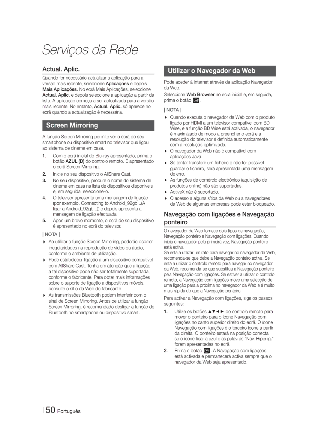 Samsung HT-F9750W/ZF manual Actual. Aplic, Utilizar o Navegador da Web, Navegação com ligações e Navegação ponteiro 