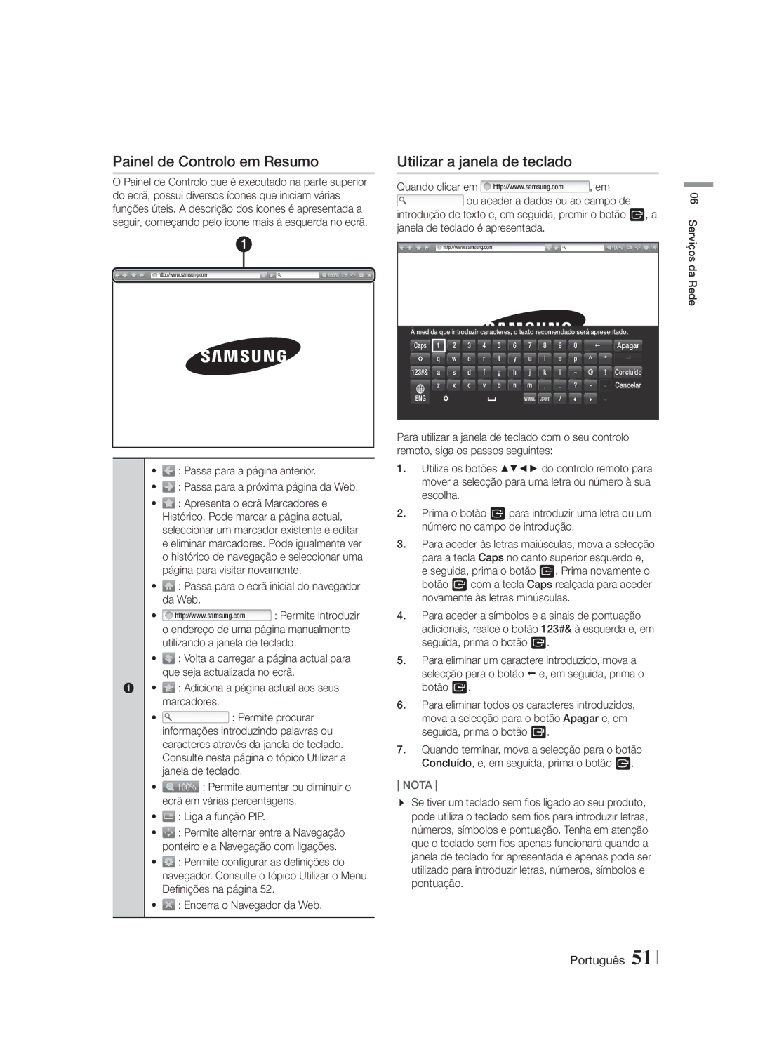 Samsung HT-F9750W/ZF manual Painel de Controlo em Resumo, Utilizar a janela de teclado, Liga a função PIP 