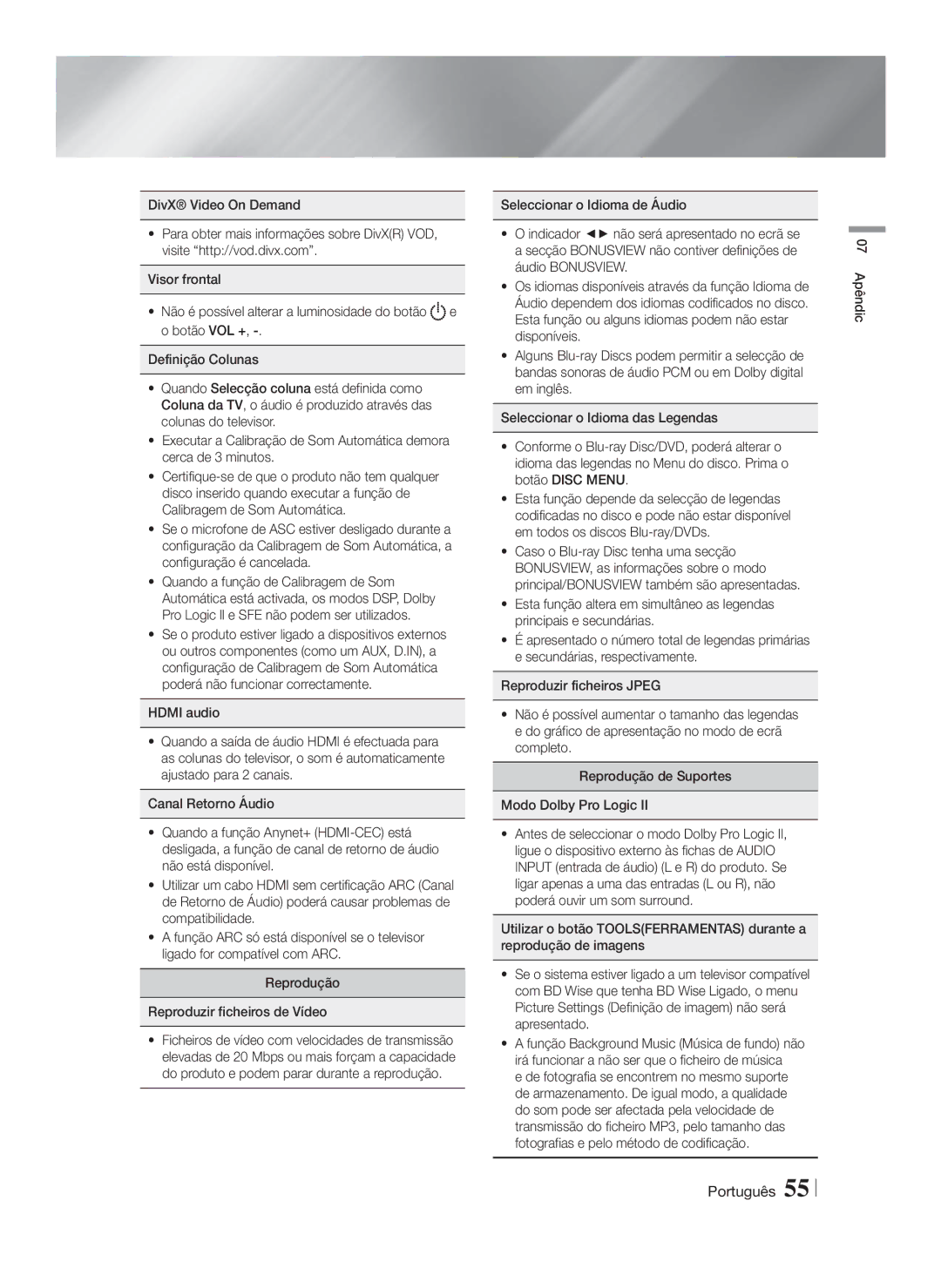 Samsung HT-F9750W/ZF manual 07 Apêndic 