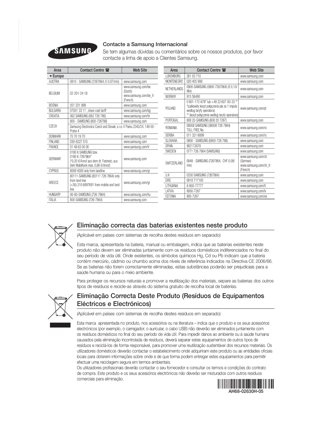 Samsung HT-F9750W/ZF Eliminação correcta das baterias existentes neste produto, Area Contact Centre  Web Site ` Europe 