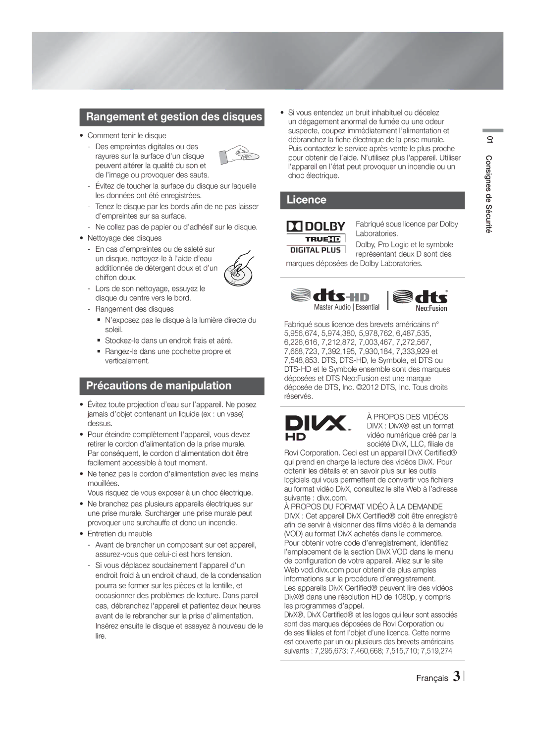 Samsung HT-F9750W/ZF manual Rangement et gestion des disques, Précautions de manipulation, Licence 