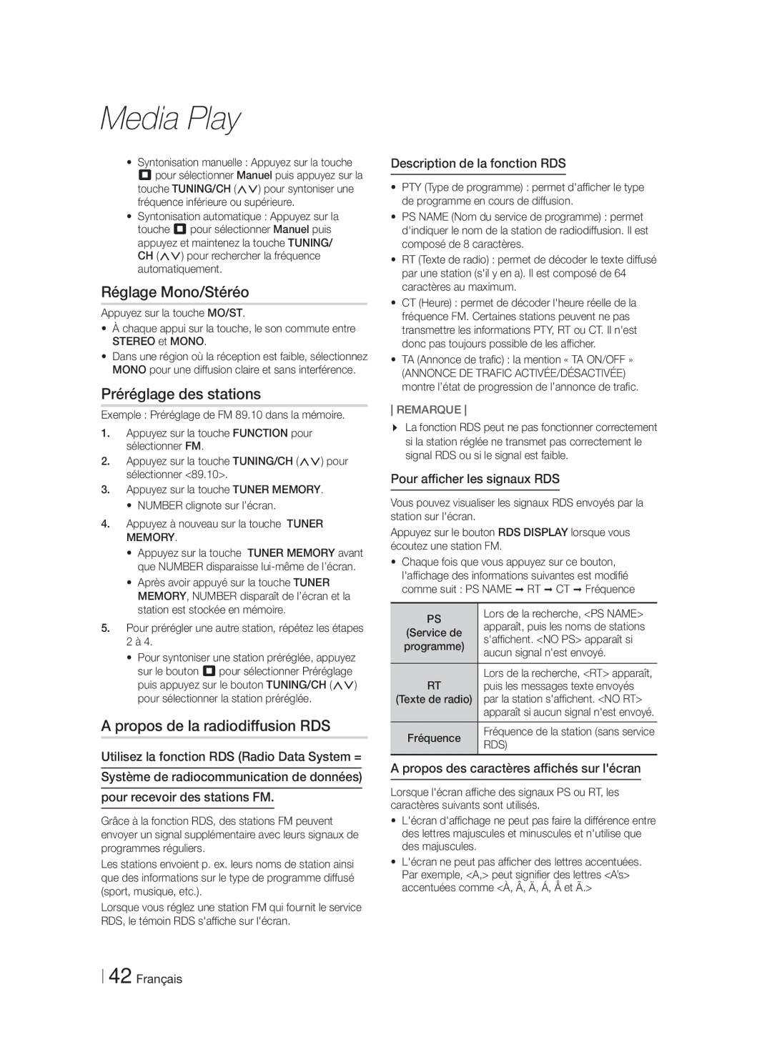 Samsung HT-F9750W/ZF manual Réglage Mono/Stéréo, Préréglage des stations, Propos de la radiodiffusion RDS 