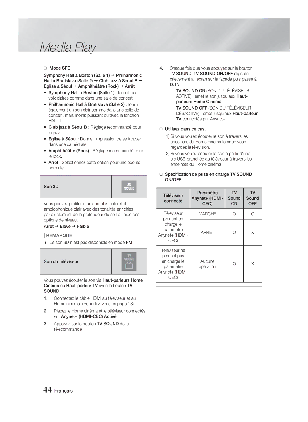 Samsung HT-F9750W/ZF manual Mode SFE, Le son 3D nest pas disponible en mode FM, Sound Connecté 