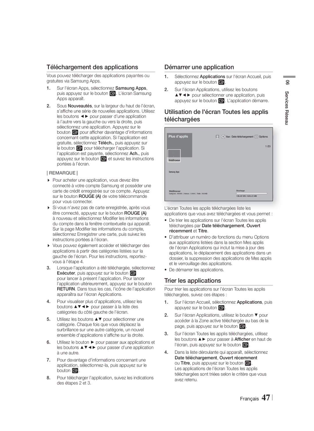 Samsung HT-F9750W/ZF manual Téléchargement des applications, Démarrer une application, Trier les applications 