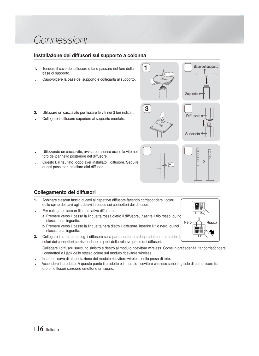 Samsung HT-F9750W/ZF manual Installazione dei diffusori sul supporto a colonna, Collegamento dei diffusori 