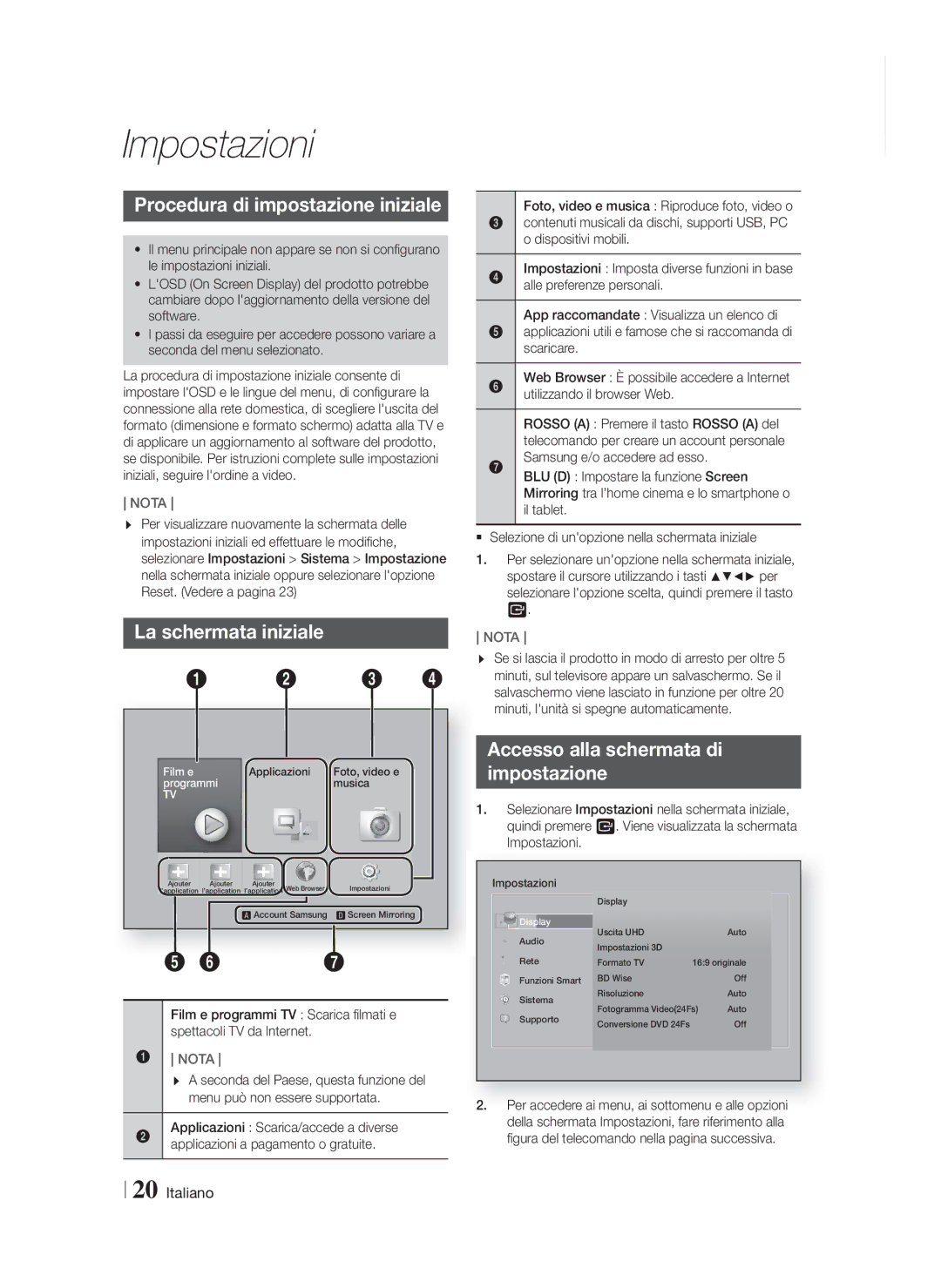 Samsung HT-F9750W/ZF manual Impostazioni, Procedura di impostazione iniziale, La schermata iniziale 