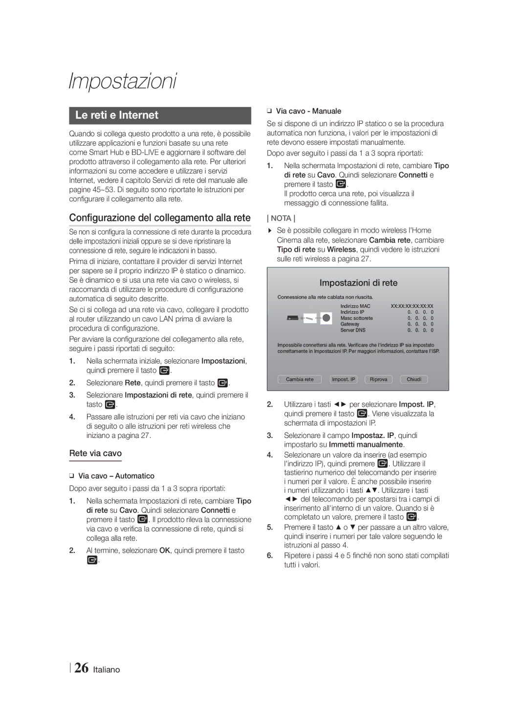 Samsung HT-F9750W/ZF Le reti e Internet, Configurazione del collegamento alla rete, Rete via cavo, Impostazioni di rete 