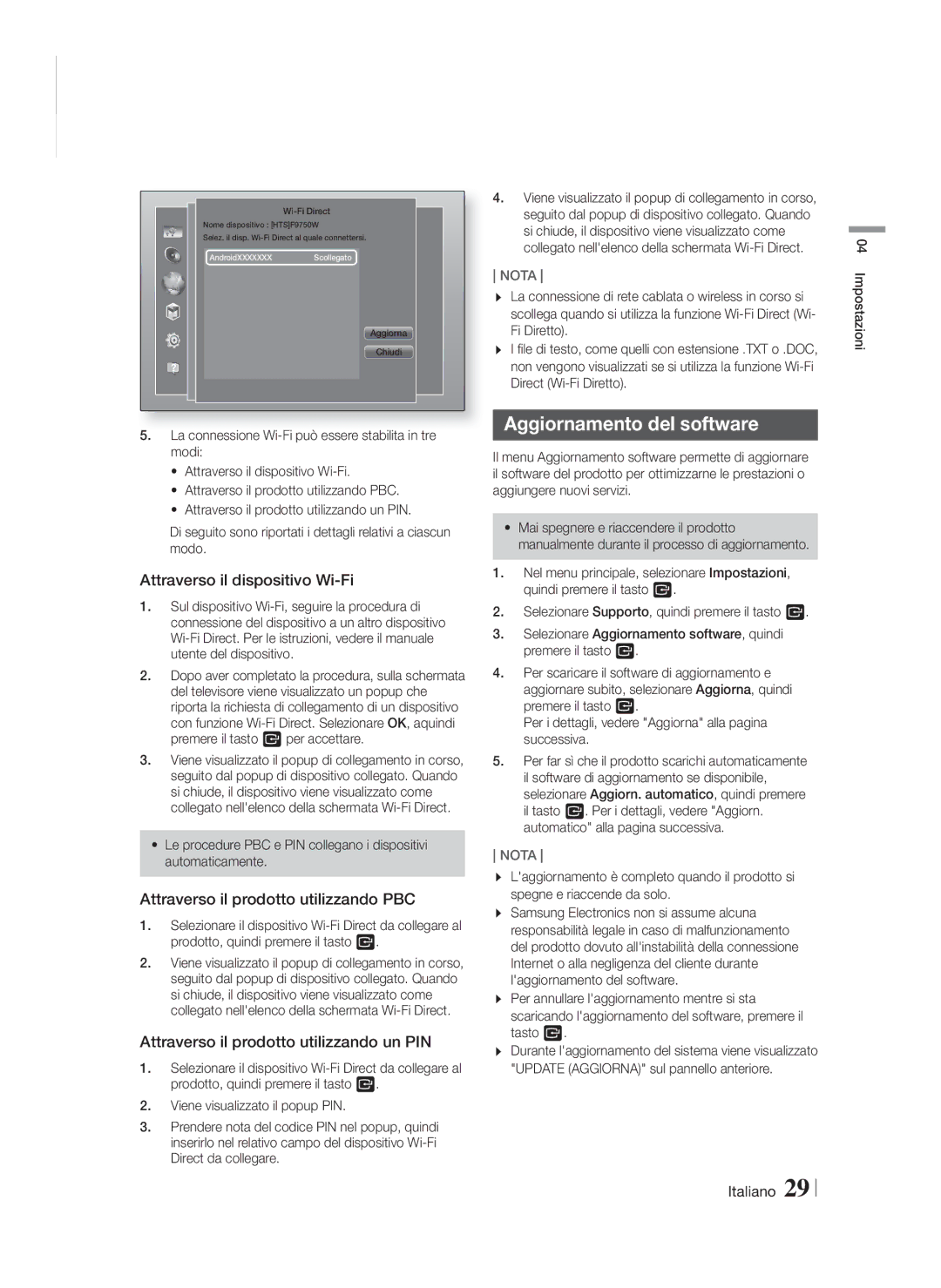 Samsung HT-F9750W/ZF Aggiornamento del software, Attraverso il dispositivo Wi-Fi, Attraverso il prodotto utilizzando PBC 