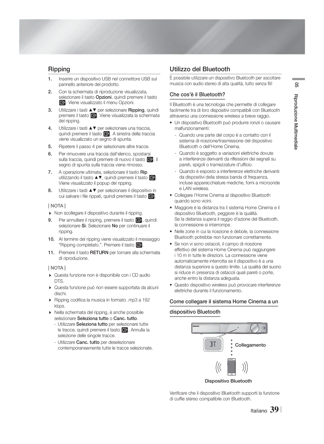 Samsung HT-F9759W/ZG manual Ripping, Utilizzo del Bluetooth, Che cosè il Bluetooth? 