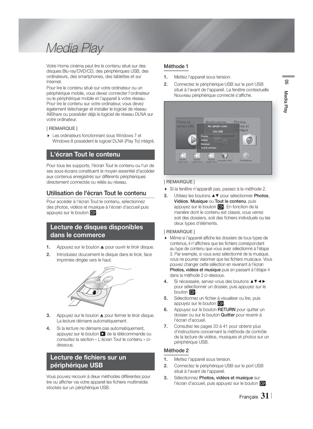 Samsung HT-F9759W/ZG manual Lécran Tout le contenu, Utilisation de lécran Tout le contenu, Méthode 