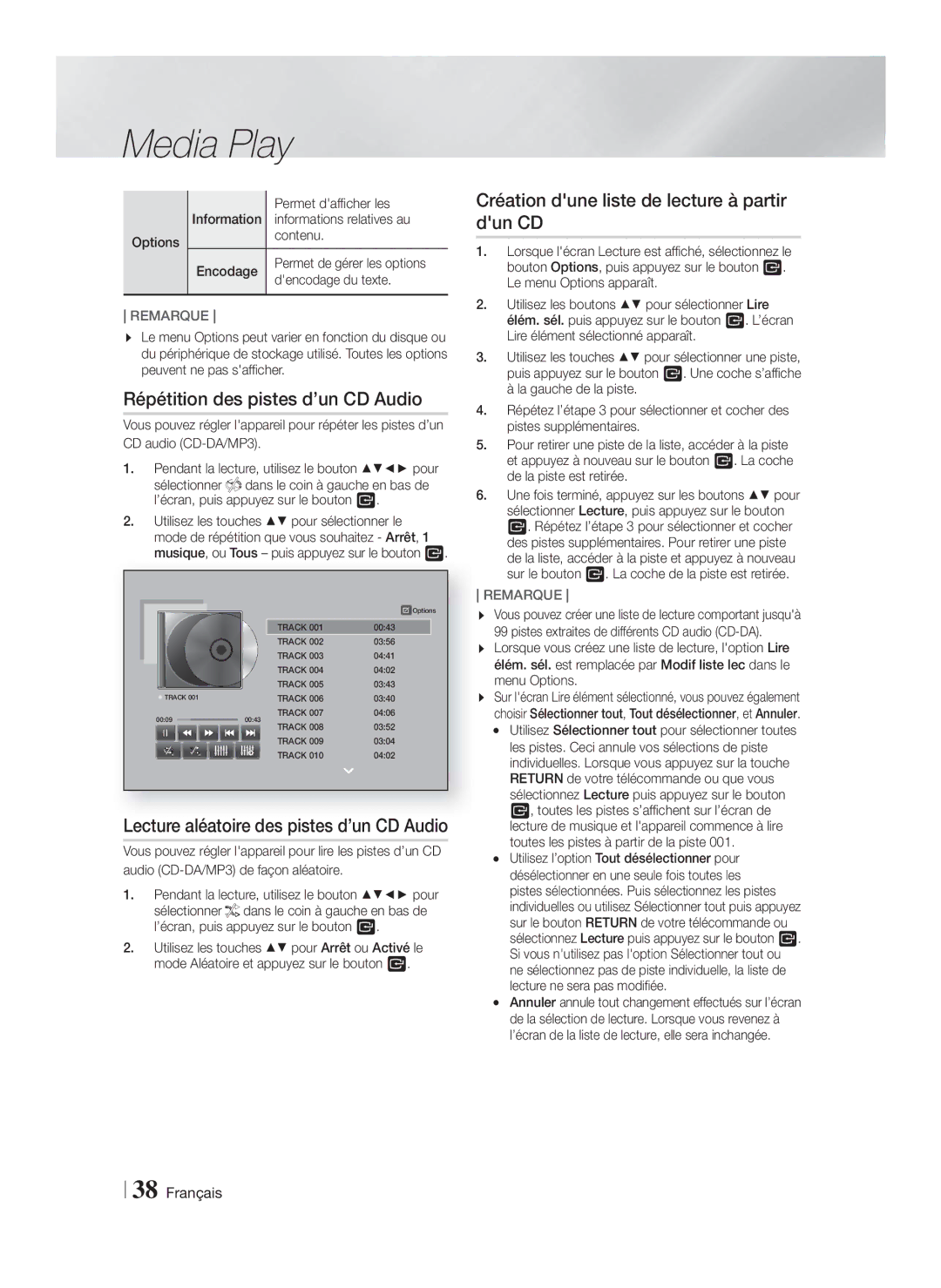 Samsung HT-F9759W/ZG manual Répétition des pistes d’un CD Audio, Création dune liste de lecture à partir dun CD 