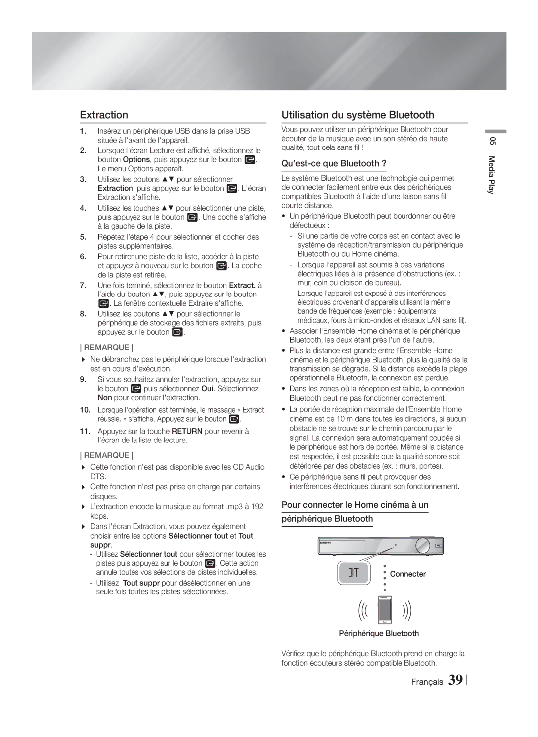 Samsung HT-F9759W/ZG manual Extraction, Utilisation du système Bluetooth, Qu’est-ce que Bluetooth ? 