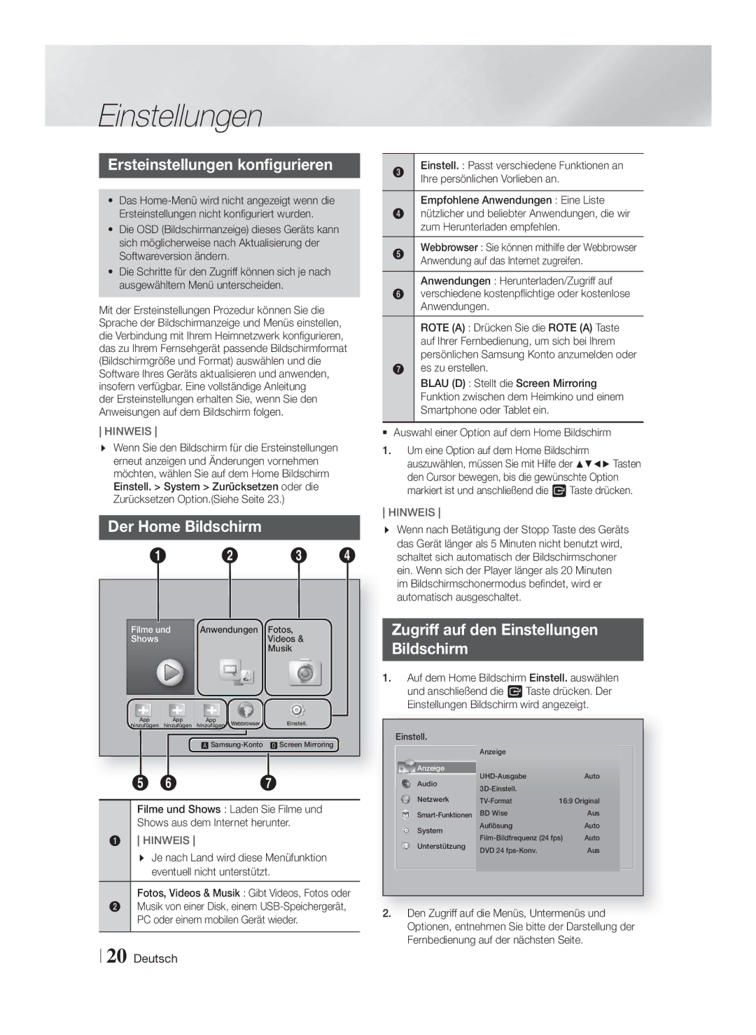 Samsung HT-F9759W/ZG manual Einstellungen, Ersteinstellungen konfigurieren, Der Home Bildschirm 