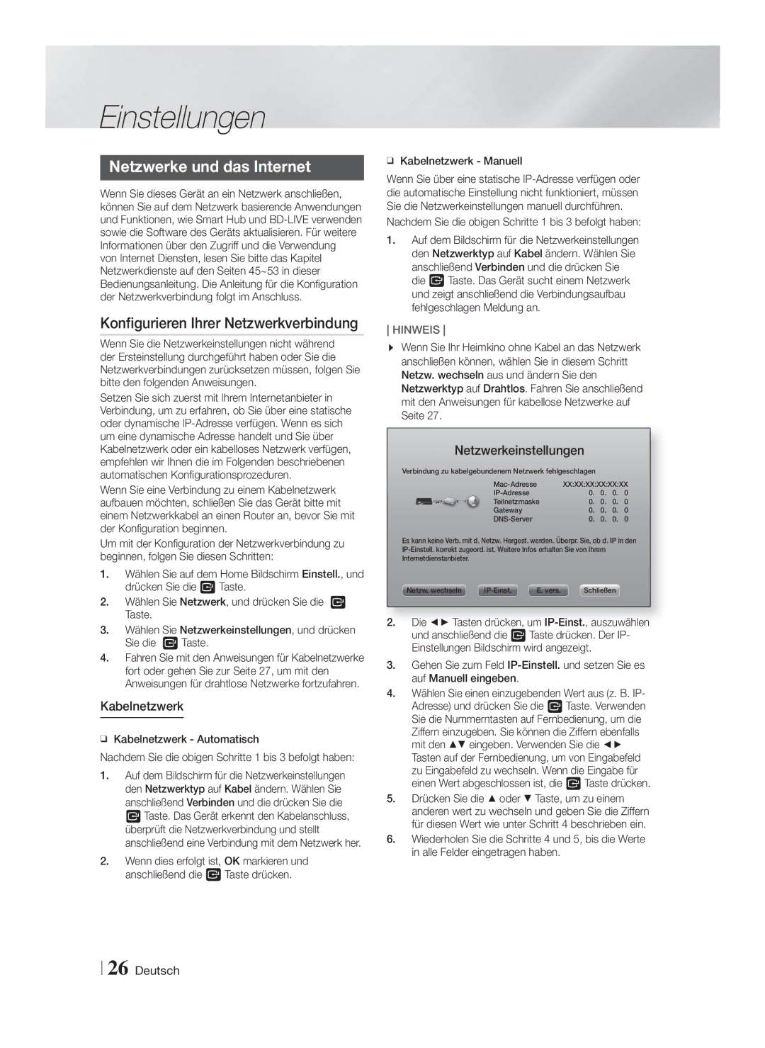 Samsung HT-F9759W/ZG manual Netzwerke und das Internet, Konfigurieren Ihrer Netzwerkverbindung, Kabelnetzwerk 