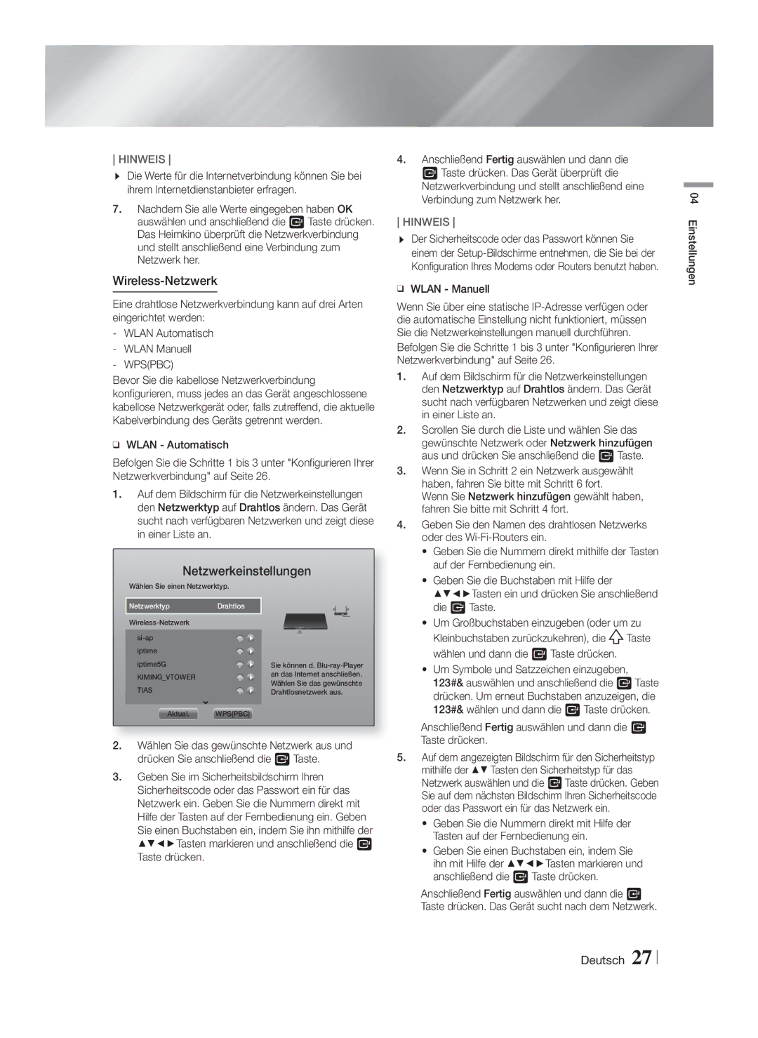 Samsung HT-F9759W/ZG manual Wireless-Netzwerk, Wpspbc 