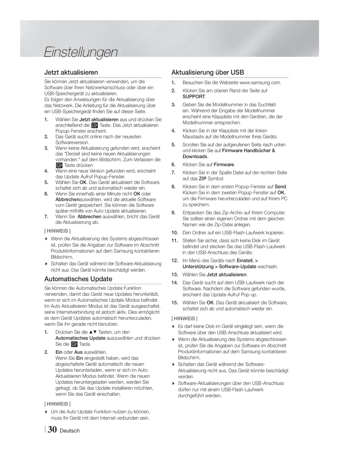 Samsung HT-F9759W/ZG manual Jetzt aktualisieren, Automatisches Update, Aktualisierung über USB, Support 