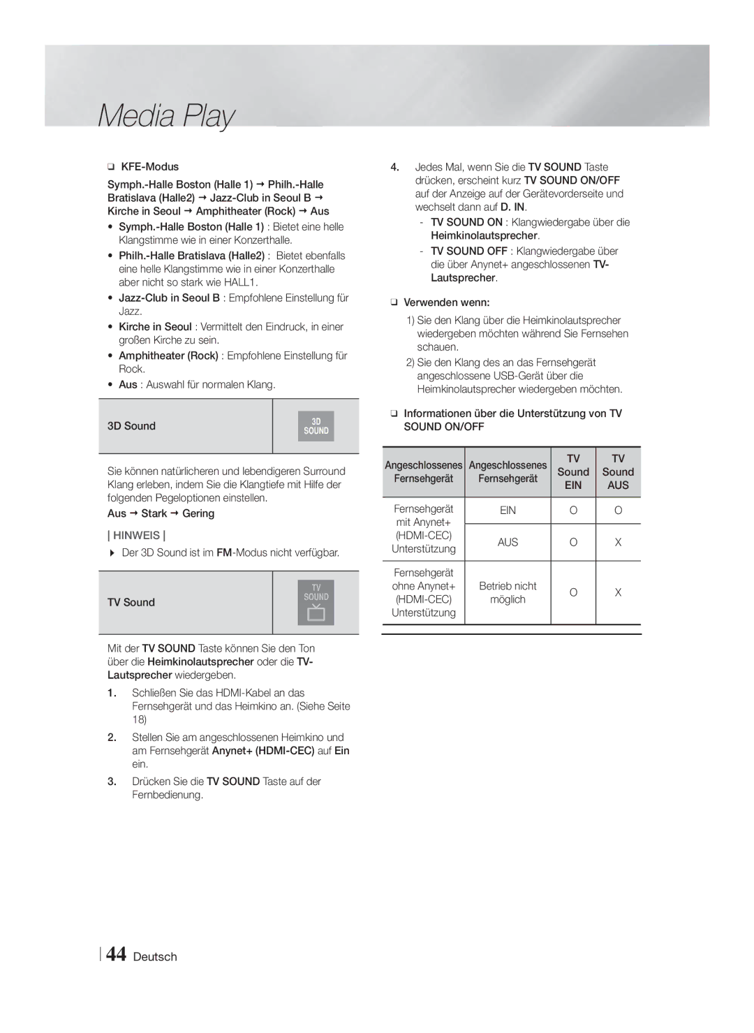 Samsung HT-F9759W/ZG manual KFE-Modus, Der 3D Sound ist im FM-Modus nicht verfügbar, Aus 