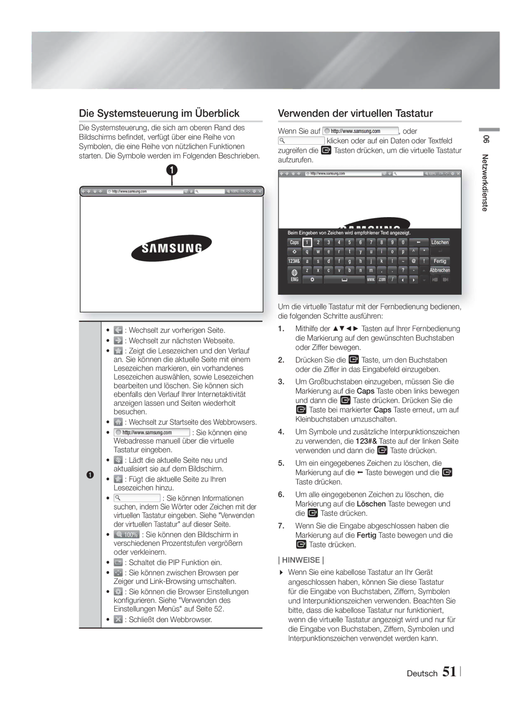 Samsung HT-F9759W/ZG manual Die Systemsteuerung im Überblick, Verwenden der virtuellen Tastatur, Schließt den Webbrowser 