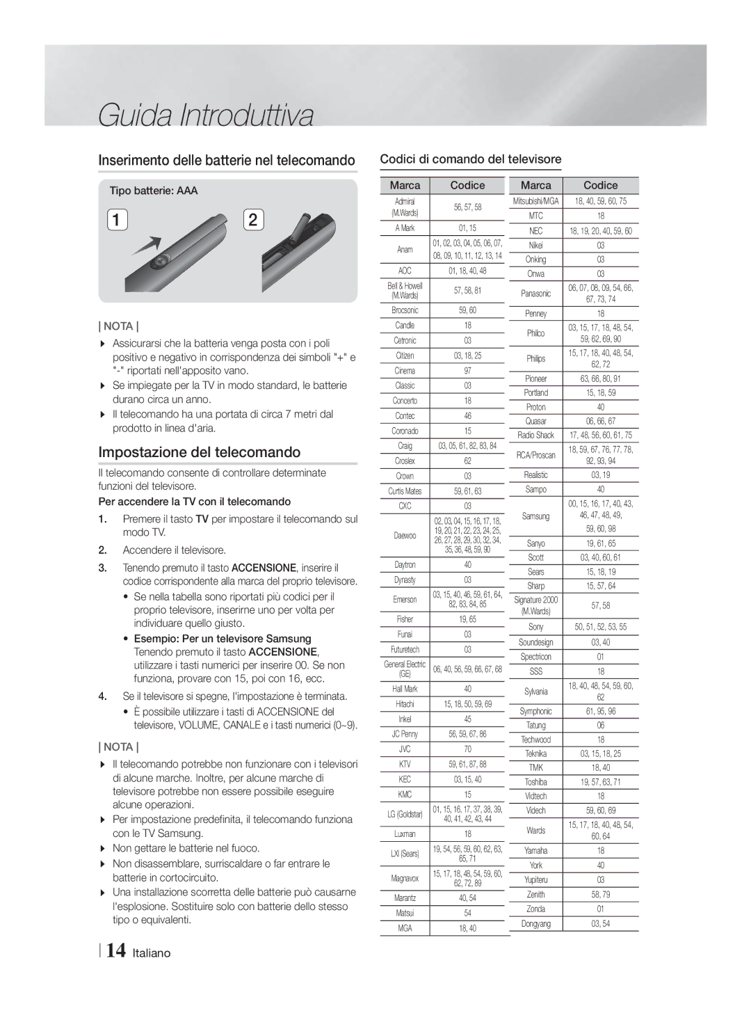 Samsung HT-F9759W/ZG manual Impostazione del telecomando, Codici di comando del televisore, Tipo batterie AAA, Marca Codice 