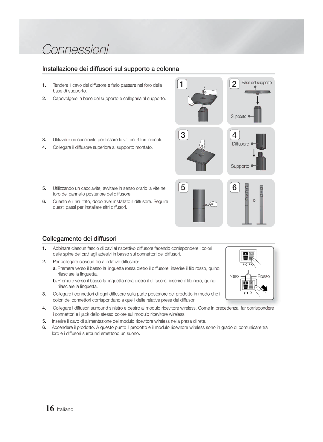 Samsung HT-F9759W/ZG manual Installazione dei diffusori sul supporto a colonna, Collegamento dei diffusori 