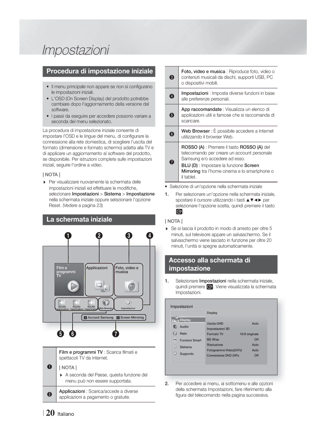 Samsung HT-F9759W/ZG manual Impostazioni, Procedura di impostazione iniziale, La schermata iniziale 