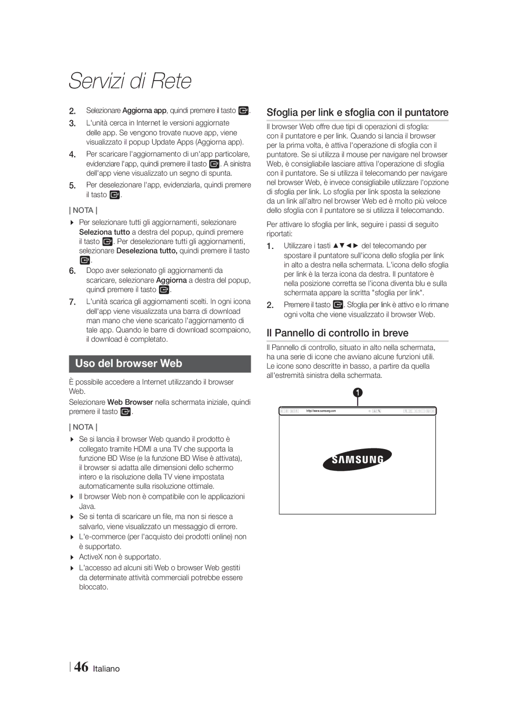 Samsung HT-FS5200/ZF Uso del browser Web, Sfoglia per link e sfoglia con il puntatore, Il Pannello di controllo in breve 