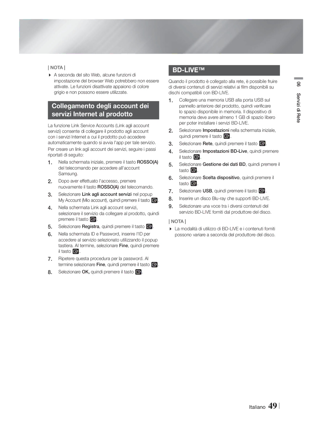 Samsung HT-FS5200/ZF, HT-FS5200/EN, HT-F5200/ZF manual Collegamento degli account dei Servizi Internet al prodotto 