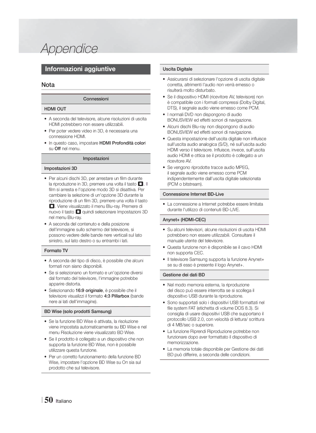 Samsung HT-FS5200/EN, HT-F5200/ZF, HT-FS5200/ZF Appendice, Informazioni aggiuntive, Nota, Hdmi OUT, Gestione dei dati BD 