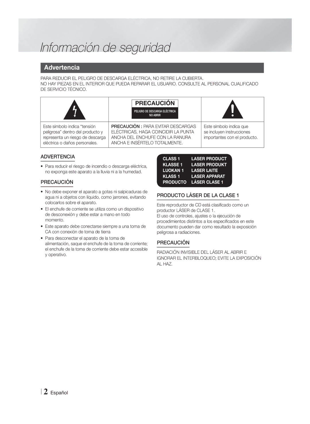 Samsung HT-F5200/ZF Información de seguridad, Advertencia, Ancha DEL Enchufe CON LA Ranura, Ancha E Insértelo Totalmente 