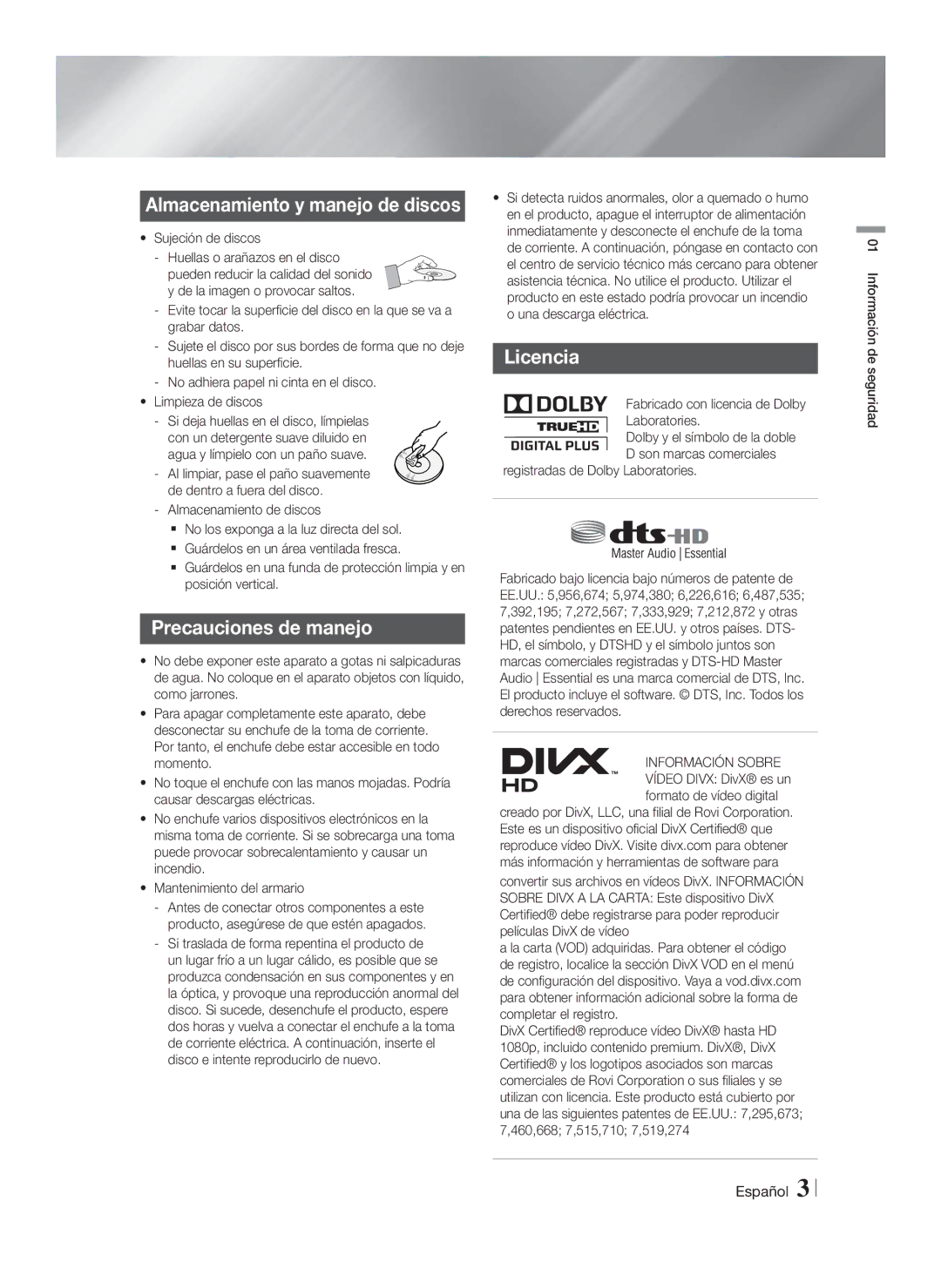 Samsung HT-FS5200/ZF, HT-FS5200/EN, HT-F5200/ZF manual Almacenamiento y manejo de discos, Precauciones de manejo, Licencia 