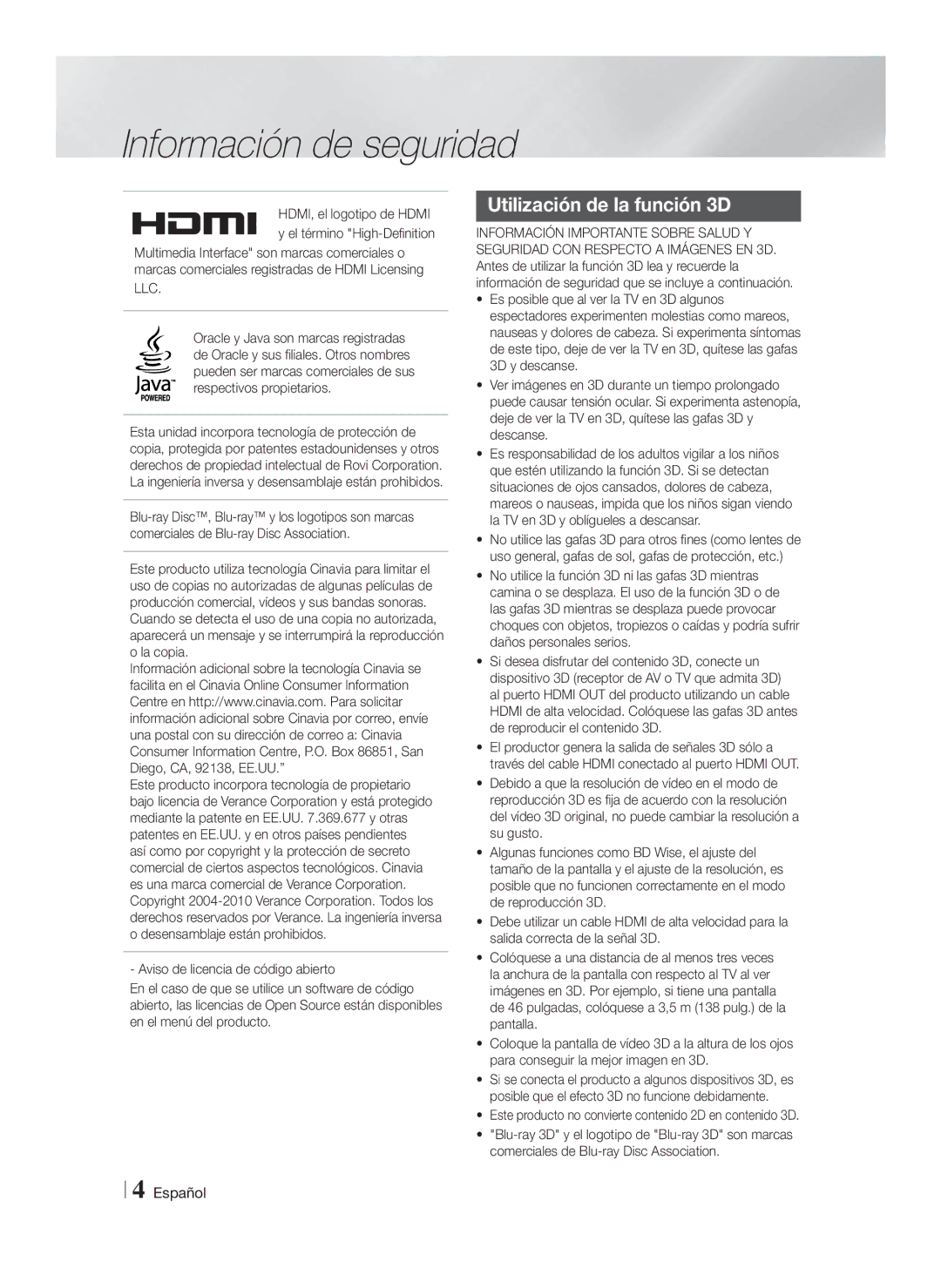 Samsung HT-FS5200/EN, HT-F5200/ZF, HT-FS5200/ZF manual Utilización de la función 3D 