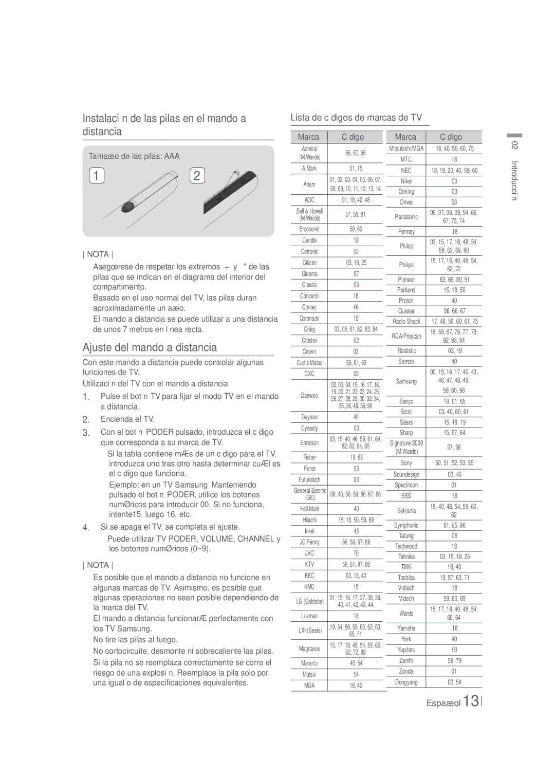 Samsung HT-FS5200/EN manual Instalación de las pilas en el mando a distancia, Ajuste del mando a distancia, Marca Código 