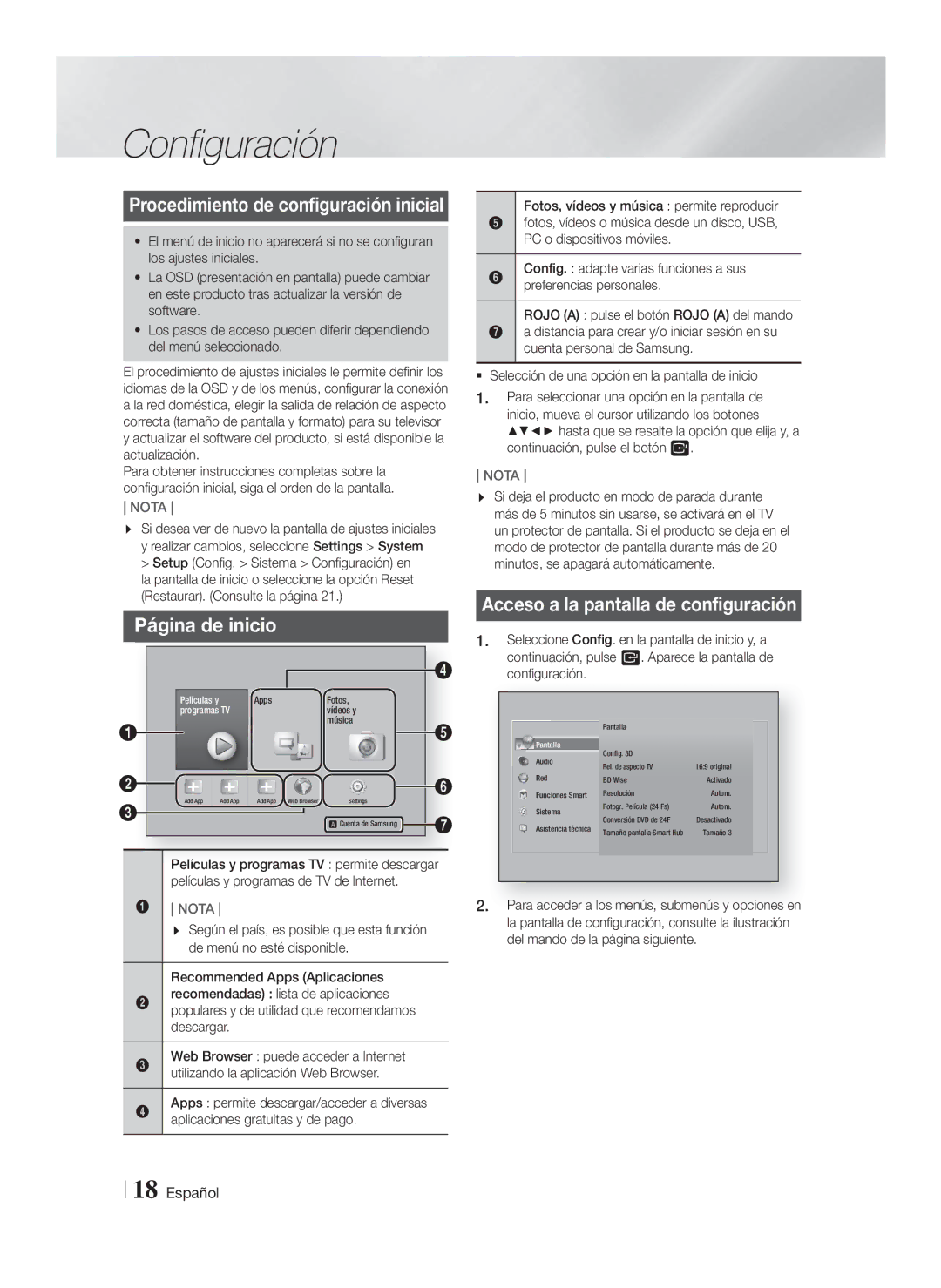 Samsung HT-FS5200/ZF, HT-FS5200/EN, HT-F5200/ZF manual Configuración, Página de inicio, Acceso a la pantalla de configuración 