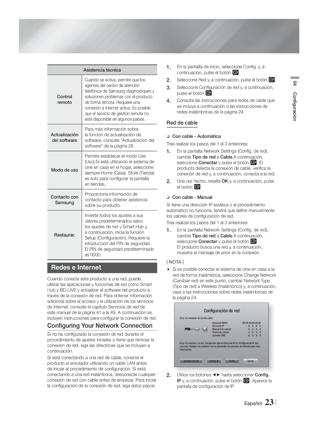 Samsung HT-F5200/ZF, HT-FS5200/EN, HT-FS5200/ZF manual Redes e Internet, Configuring Your Network Connection, Red de cable 