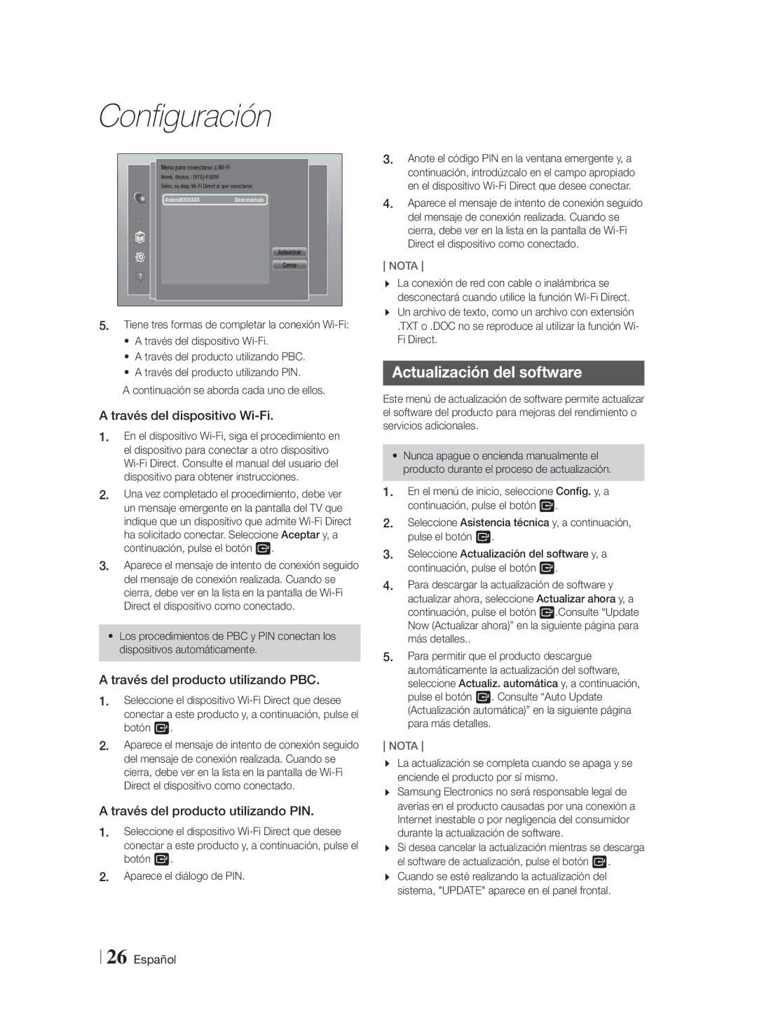 Samsung HT-F5200/ZF manual Actualización del software, Través del dispositivo Wi-Fi, Través del producto utilizando PBC 