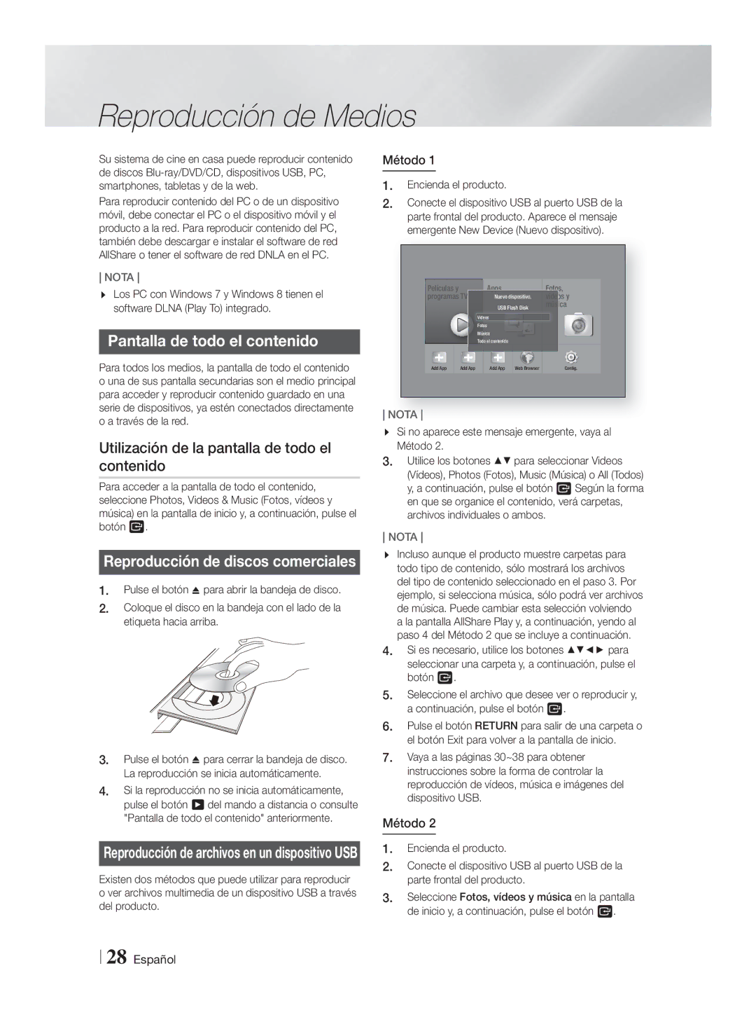 Samsung HT-FS5200/EN Reproducción de Medios, Pantalla de todo el contenido, Reproducción de discos comerciales, Método 