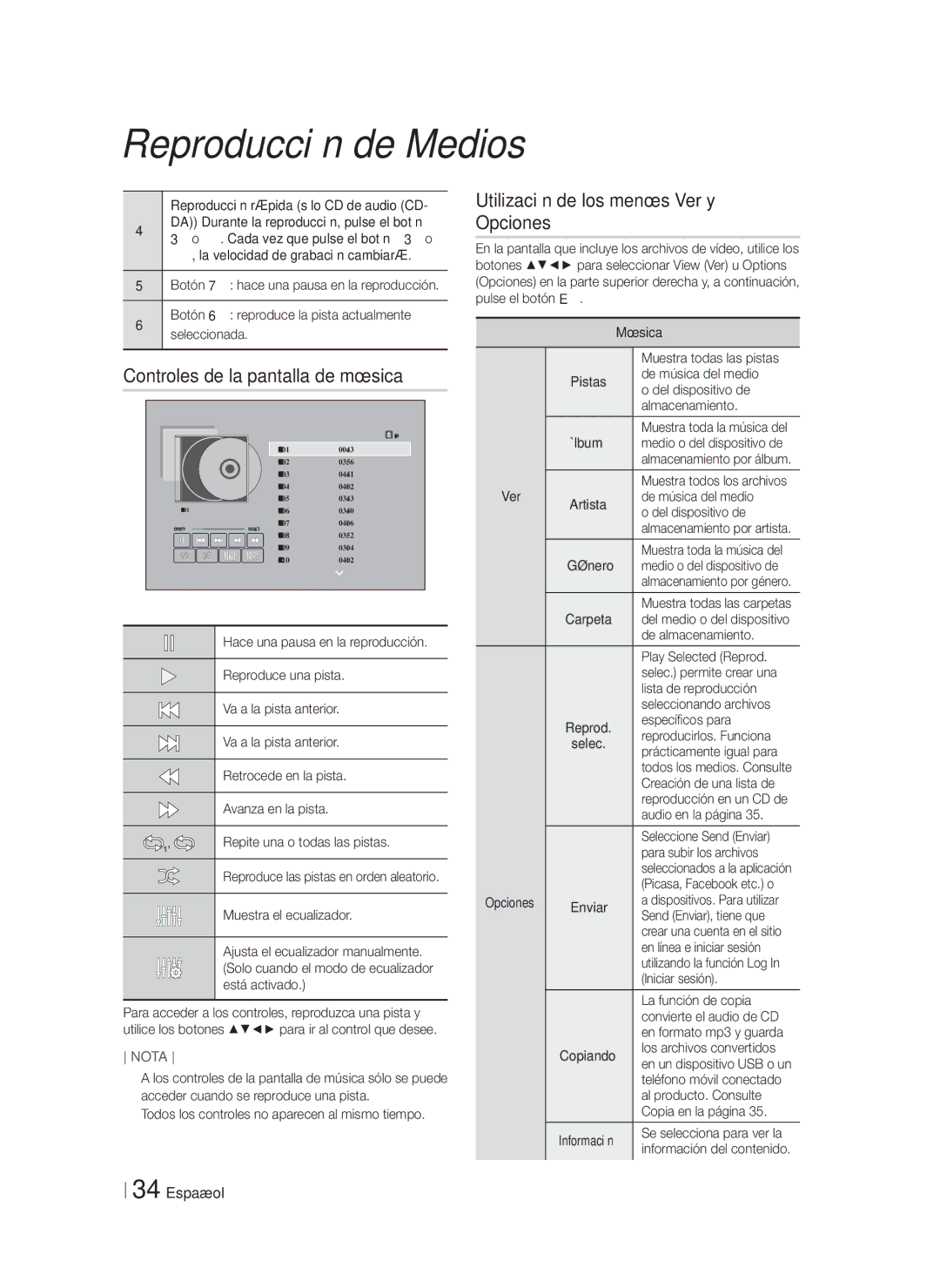 Samsung HT-FS5200/EN, HT-F5200/ZF, HT-FS5200/ZF manual Controles de la pantalla de música 