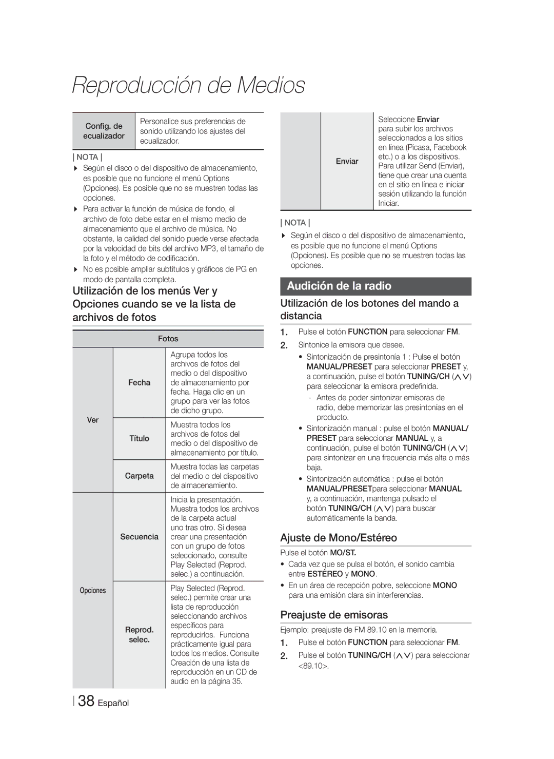 Samsung HT-F5200/ZF, HT-FS5200/EN, HT-FS5200/ZF manual Audición de la radio, Ajuste de Mono/Estéreo, Preajuste de emisoras 