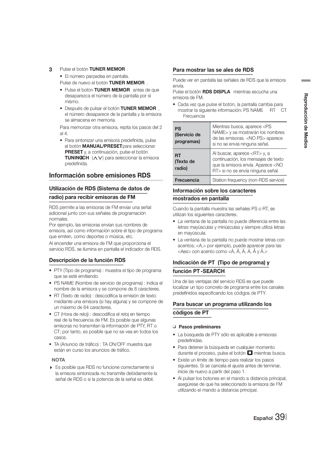 Samsung HT-FS5200/ZF, HT-FS5200/EN, HT-F5200/ZF manual Información sobre emisiones RDS 