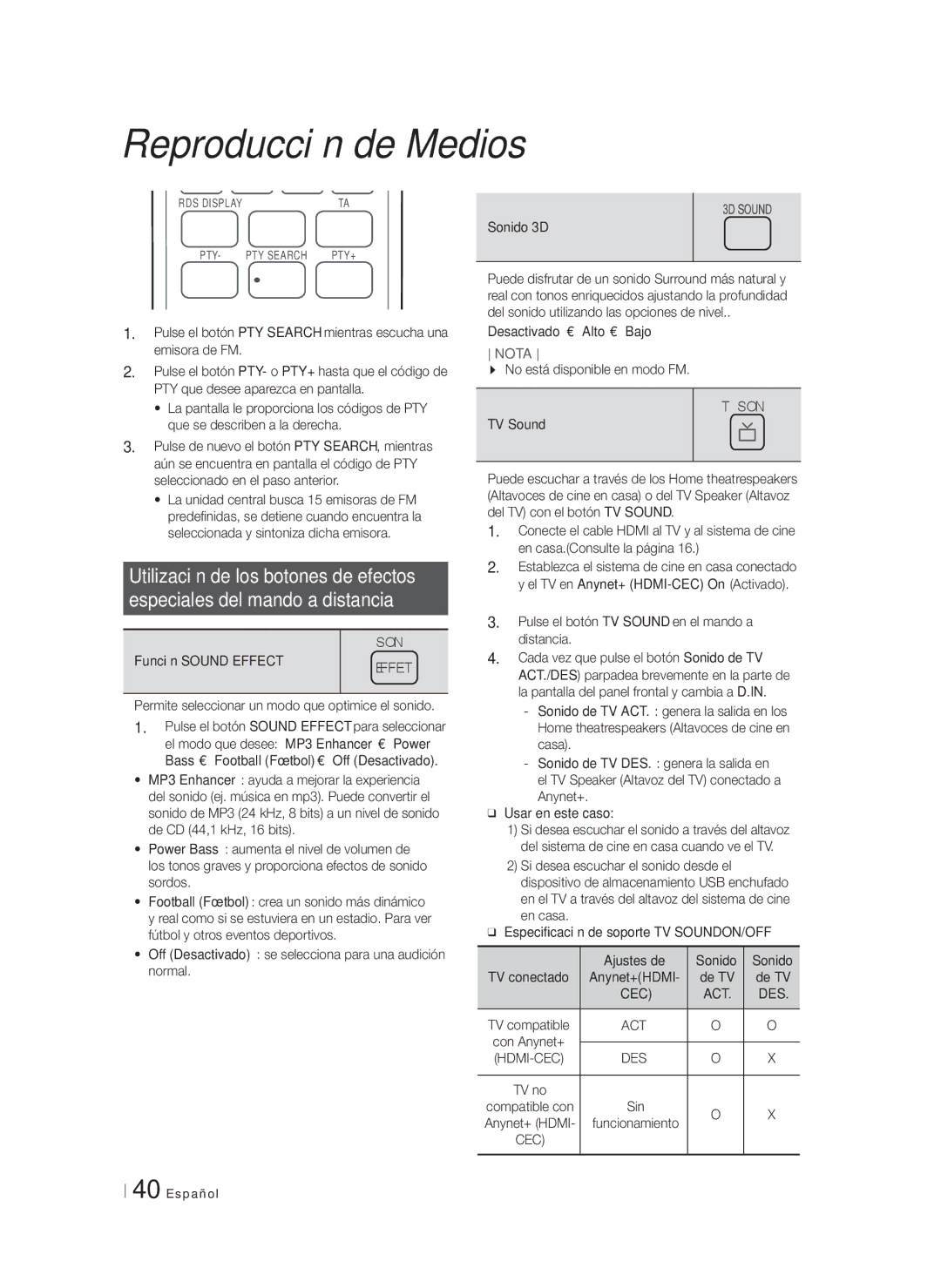 Samsung HT-FS5200/EN Función Sound Effect, Permite seleccionar un modo que optimice el sonido, Desactivado  Alto  Bajo 